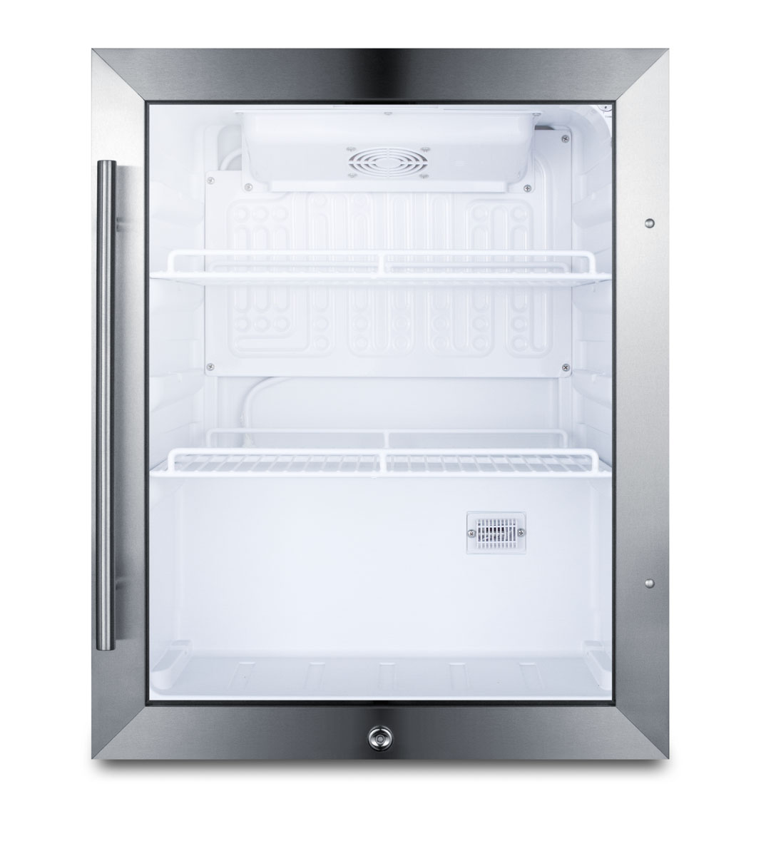 Commercially approved outdoor countertop beverage cooler designed for the display and refrigeration of beverages or sealed food, with reversible stainless steel trimmed glass door, stainless steel wrapped cabinet, and front lock